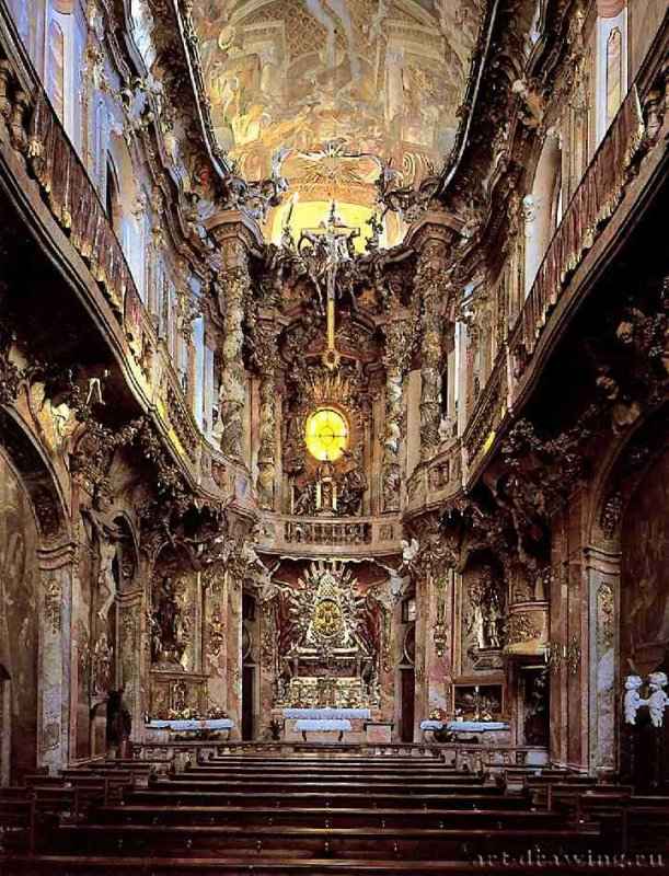 Церковь св. Иоанна Непомука ("Церковь Азам"). Интерьер. 1733-1734 - Мюнхен. Совместно с Космасом Дамианом Азамом. Германия.