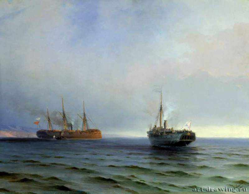 Захват пароходом "Россия" турецкого военного транспорта "Мессина" на Черном море 13 декабря 1877 года, 1877 г. - Холст, масло. Россия.