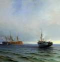 Захват пароходом "Россия" турецкого военного транспорта "Мессина" на Черном море 13 декабря 1877 года, 1877 г. - Холст, масло. Россия.