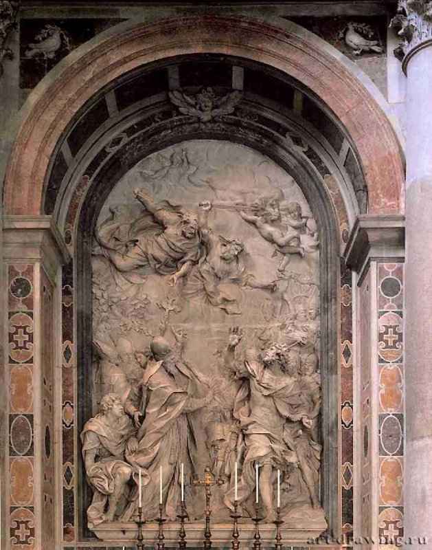 Папа Лев Великий и Аттила. Рельеф. 1646-1653 - Мрамор. Рим. Собор св. Петра. Италия.
Рельеф изображает Папу Льва I, поворачивающего вспять Аттилу и гуннов. Папа отправился к берегам По, чтобы предотвратить нашествие на Рим Аттилы и его войска, убеждая его не захватывать и не разрушать город.
