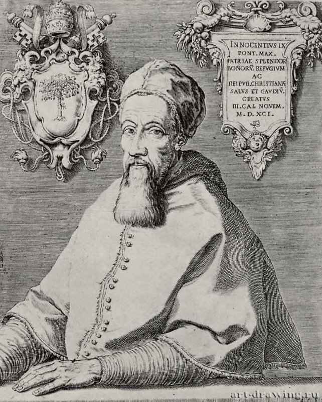 Портрет папы Иннокентия IX. 1591 - 259 х 204 мм. Резцовая гравюра на меди. Нью-Йорк. Музей Метрополитен, Отдел рисунков. Италия.