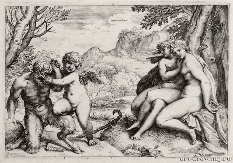 Omnia vincit Amor (Все побеждает любовь, или Пан, укрощенный Амуром). 1599 - 126 х 187 мм. Резцовая гравюра на меди. Вашингтон. Национальная галерея. Италия.