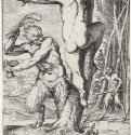Серия "Сладострастие", Сатир, стегающий плетью нимфу. 1590-1595 - 152 х 107 мм. Резцовая гравюра на меди. Лондон. Британский музей, Отдел гравюры и рисунка. Италия.