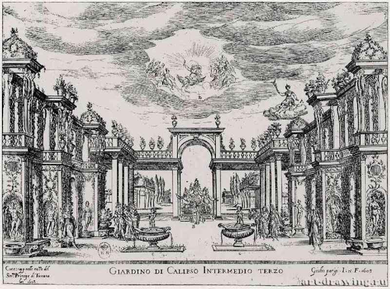 Иллюстрация к трагедии Просперо Бонарелли "Сулейман". 1619 - 200 х 81 мм. Офорт. Париж. Национальная библиотека, Кабинет эстампов. Франция.