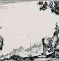 Серия "Каприччи". Крестьянин, снимающий башмак. 1617 - 54 х 81 мм. Офорт. Париж. Национальная библиотека, Кабинет эстампов. Франция.