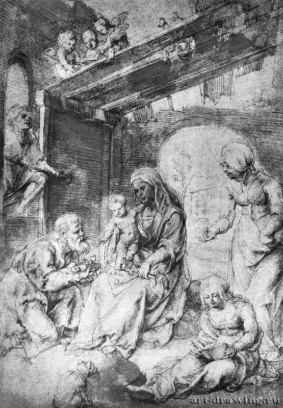Святое семейство с женскими святыми и пастухами. 1507-1510 - 277 x 184 мм. Перо на бумаге, позднее сильно переработан кистью. Нью-Йорк. Библиотека Пирпонта Моргана. Германия.