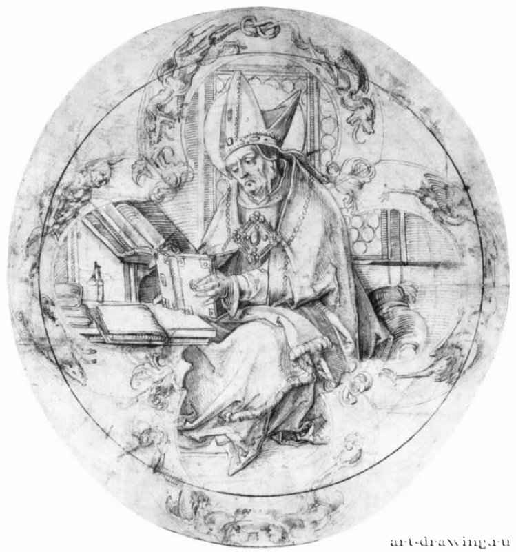 Святой епископ. 1509 - 335 x 312 мм. Перо коричневым тоном, отмывка серым тоном, по рисунку углем, на бумаге. Эрланген. Библиотека университета. Германия.
