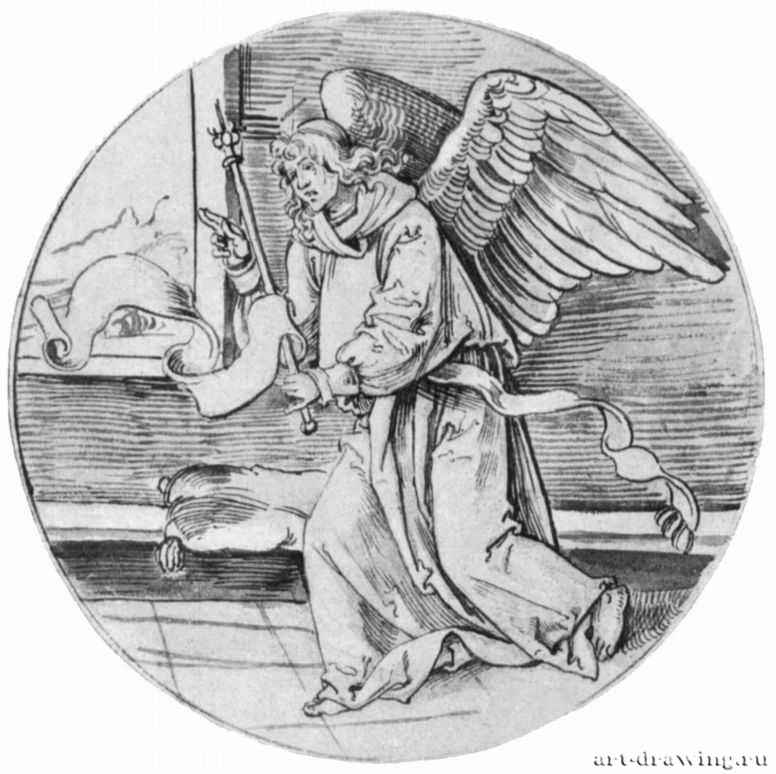 Ангел Благовещения. 1510-1515 - Диаметр: 179 мм. Перо, отмывка коричневым и черным тоном, на бумаге. Будапешт. Музей изящных искусств. Германия.