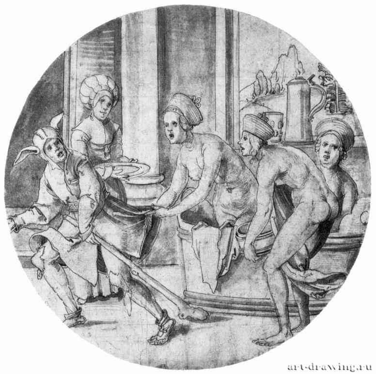 Женская баня с шутом. 1510-1515 - Диаметр: 276 мм. Перо коричневым тоном, отмывка, на бумаге. Франкфурт-на-Майне. Художественный институт Штеделя, Гравюрный кабинет. Германия.