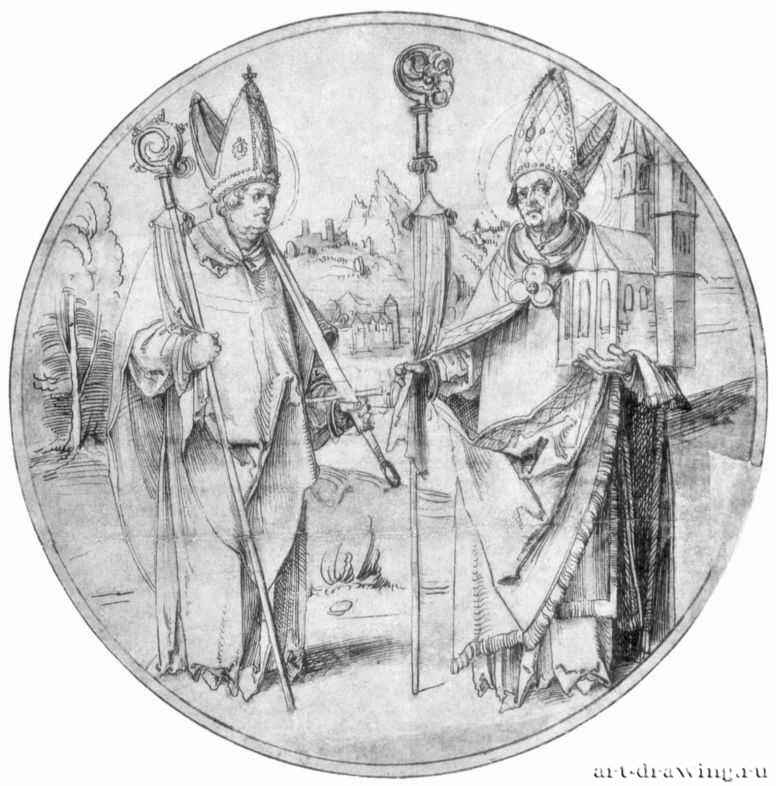 Святые епископы. 1510-1515 - Диаметр: 275 мм. Перо коричневым тоном, отмывка, на бумаге. Франкфурт-на-Майне. Художественный институт Штеделя, Гравюрный кабинет. Германия.