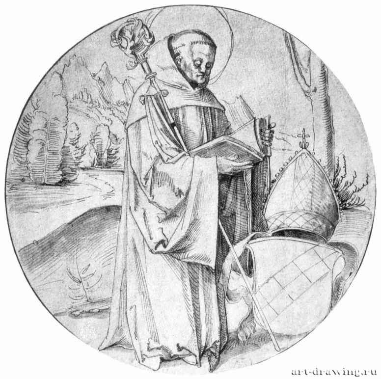 Святой Абт. 1510-1515 - Диаметр: 240 мм. Перо по рисунку мелом, отмывка серым и коричневым тоном, на бумаге. Дрезден. Гравюрный кабинет Государственных художественных собраний. Германия.