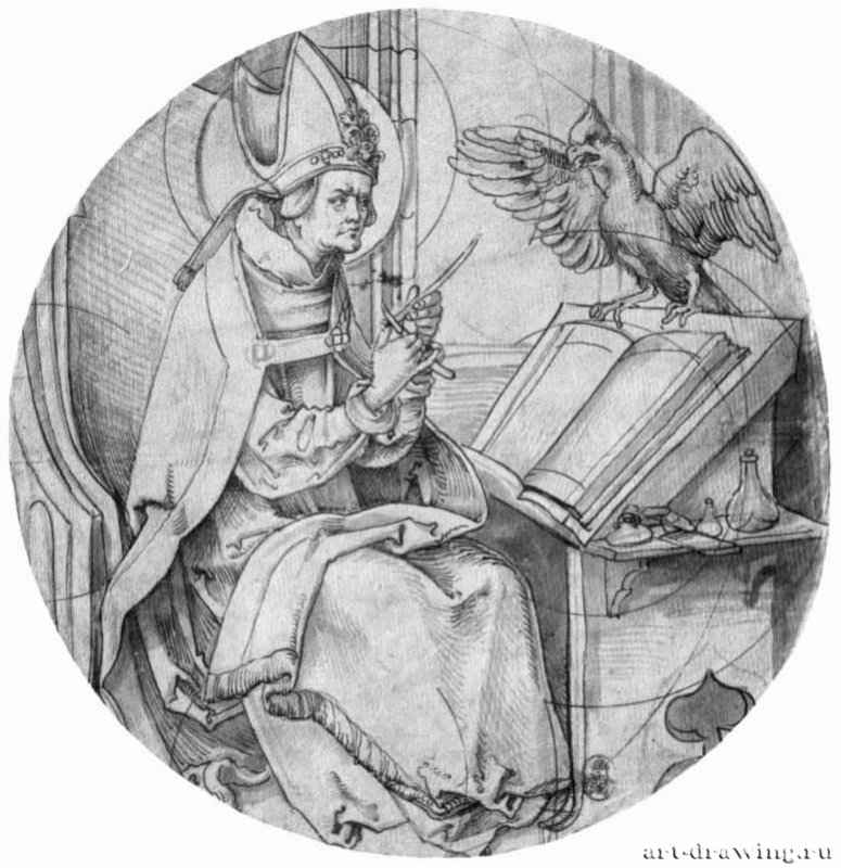 Святой Августин. 1510-1515 - Диаметр: 270 мм. Перо, отмывка серым тоном, на бумаге. Дрезден. Гравюрный кабинет Государственных художественных собраний. Германия.