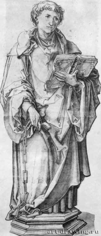 Святой Леонхард. 1510-1520 - 788 x 330 мм. Кисть, красноватым тоном инкарнат, вырезан по контуру и наклеен на бумагу. Эрланген. Библиотека университета. Германия.