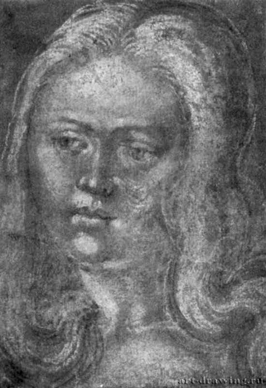 Голова девушки. 1510-1520 - 144 x 101 мм. Мел, подсветка белым на грунтованной красным тоном бумаге. Дрезден. Гравюрный кабинет Государственных художественных собраний. Германия.