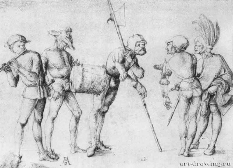 Ландскнехты. 1500-1503 - 240 x 332 мм. Перо серо-коричневым тоном, по рисунку серебряным штифтом, на бумаге. Вена. Собрание графики Альбертина. Германия.