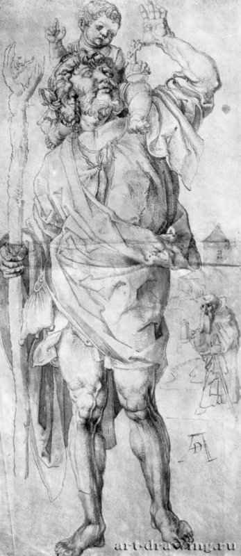 Святой Христофор. 1500-1505 - 451 x 199 мм. Перо, отмывка серым тоном, инкарнат бистром и красной растушевкой, на бумаге. Париж. Лувр, Кабинет рисунков. Германия.