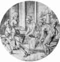 Женская баня с шутом. 1510-1515 - Диаметр: 276 мм. Перо коричневым тоном, отмывка, на бумаге. Франкфурт-на-Майне. Художественный институт Штеделя, Гравюрный кабинет. Германия.