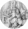 Святой Амвросий. 1510-1515 - Диаметр: 232 мм. Перо, отмывка серым тоном, на бумаге. Дрезден. Гравюрный кабинет Государственных художественных собраний. Германия.