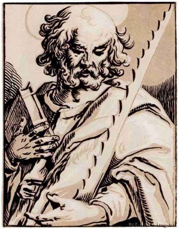 Серия Христос идвенадцать апостолов, Святой Симон. 1625 - 210 х 160 мм. Ксилография кьяроскуро, одна очерковая доска, две тоновые доски. Нюрнберг. Германский национальный музей, Собрание графики. Германия.