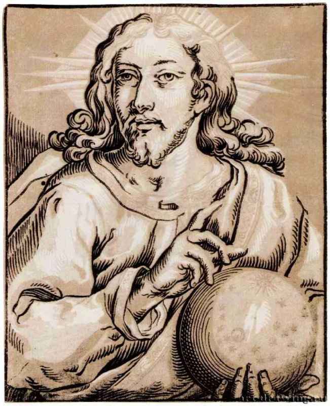 Серия "Христос идвенадцать апостолов", Христос, Спаситель мира. 1625 - 238 х 160 мм. Ксилография кьяроскуро, одна очерковая доска, две тоновые доски. Нюрнберг. Германский национальный музей, Собрание графики. Германия.