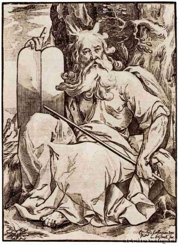 Моисей со скрижалями завета. 1623-1629 - 388 х 283 мм. Ксилография кьяроскуро, одна очерковая доска, две тоновые доски. Вена. Собрание графики Альбертина. Германия.