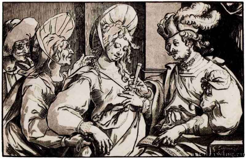 Сводня. 1623-1629 - 218 х 338 мм. Ксилография кьяроскуро, одна очерковая доска, две тоновые доски. Амстердам. Рейксмузеум, Государственный кабинет гравюр.
Германия. 
