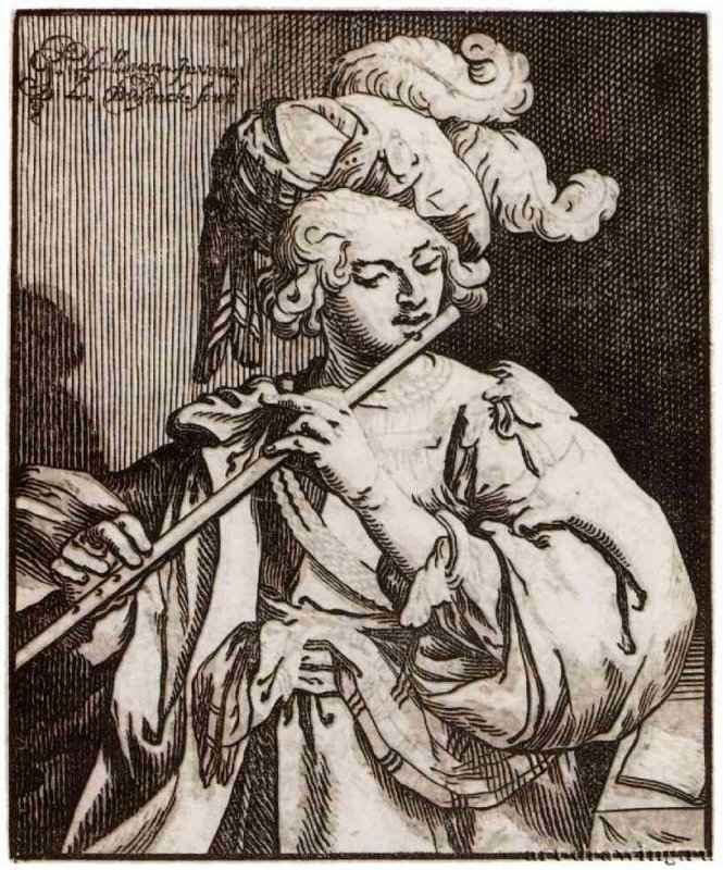 Флейтист. 1623-1629 - 278 х 210 мм. Ксилография кьяроскуро, одна очерковая доска, две тоновые доски. Амстердам. Рейксмузеум, Государственный кабинет гравюр. Германия.
