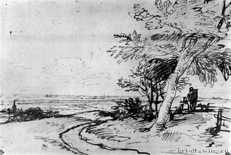 Пейзаж. 1660-1665 - Перо коричневым тоном, на бумаге 162 x 241 мм Школа изящных искусств Париж