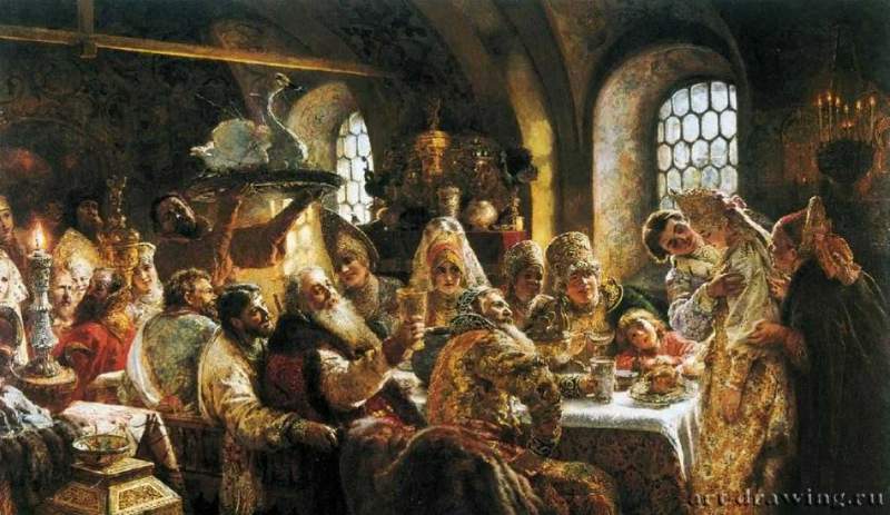 Боярский свадебный пир в XVII веке, 1883 г. - Холст, масло; 236 х 400 см. Музей Хилвуд. Вашингтон. Россия.