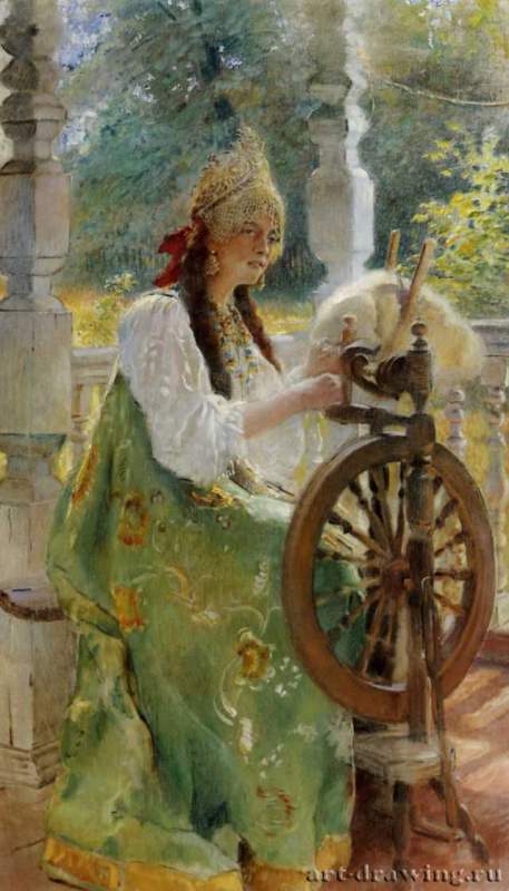 За прялкой, 1890 г. - Холст, масло; 140 х 80 см. Государственная Третьяковская галерея. Москва. Россия.