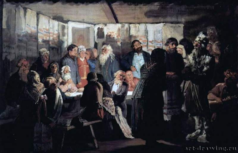 Знахарь на деревенской свадьбе, 1874 г. - Холст, масло; 43,7 x 67,5 см. Реализм. Россия. Москва. Государственная Третьяковская галерея. Эскиз одноименной картины.