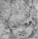 Голова путто. 1509 - 234 х 232 мм. Черный мел на бумаге, проколот по контурам для перевода. Лондон. Британский музей, Отдел гравюры и рисунка.