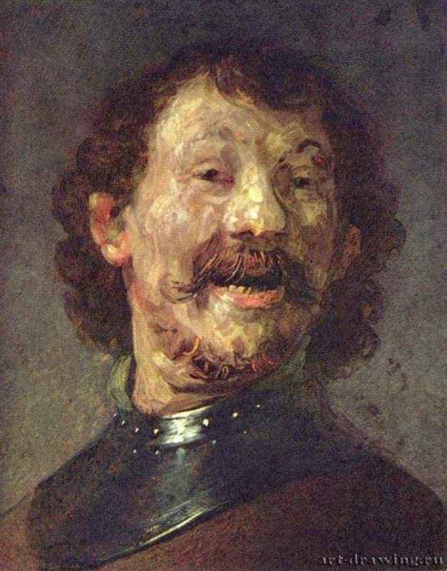 Смеющийся мужчина в стальном нагруднике. 1628 - 15,4 x 12,2 см. Медь. Барокко. Нидерланды (Голландия). Гаага. Маурицхейс. Атрибуция спорна.