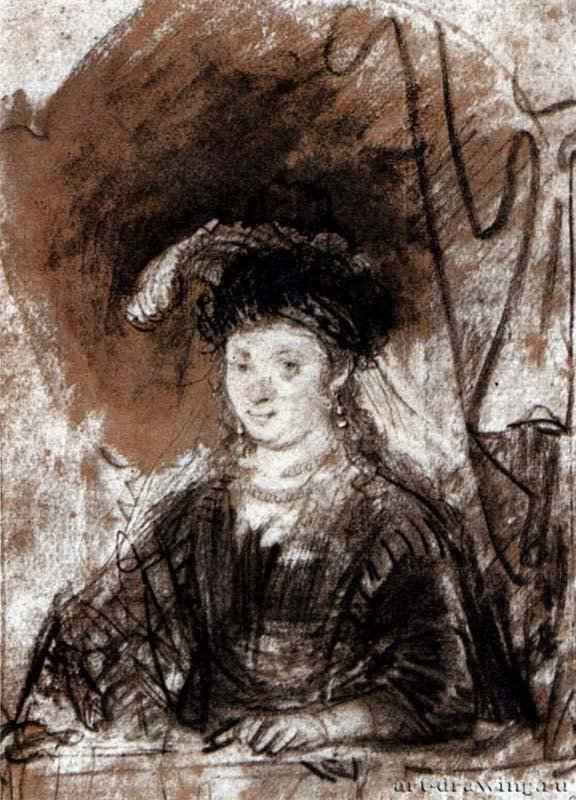 Портрет Саскии в тюрбане. 1641-1643 - Черный мел, кисть бистром и коричневой тушью, на серой бумаге 195 x 140 мм Музей Бонна Байонна