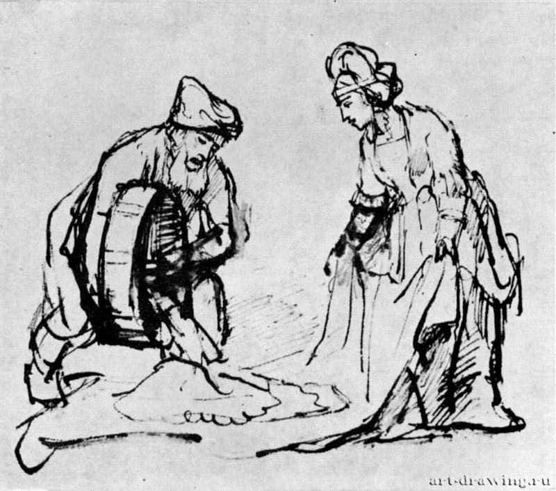 Вооз насыпает зерно в плащ Руфи. 1649-1650 - Перо 126 x 143 мм Риксмузеум Амстердам