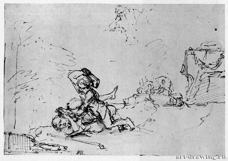 Каин убивает Авеля. 1650 - Перо бистром, отмывка, на бумаге, позднее переработан чужой рукой 175 x 230 мм Собрание Хирш Базель