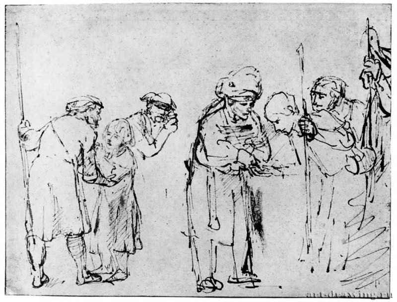 Братья продают Иосифа израильтянам. 1651-1652 - Перо бистром, подсветка белым, на бумаге 158 x 205 мм Гравюрный кабинет Берлин