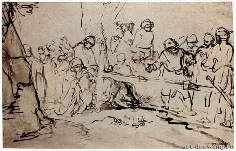 Несение креста. 1653-1660 - Тростниковое перо коричневой тушью, отмывка, уточнения белилами, на бумаге 174 x 273 мм Музей Тейлера Харле