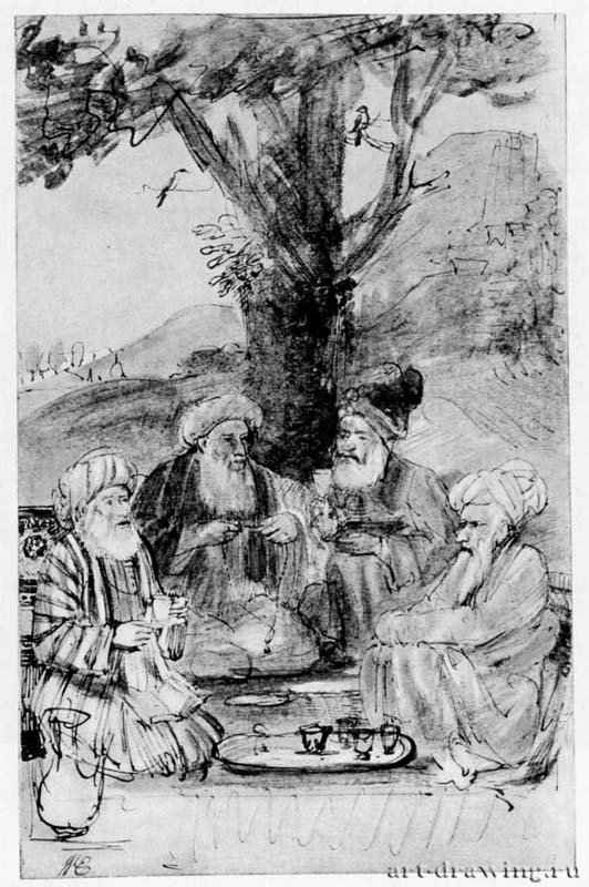 Четыре шейха. 1654-1656 - Перо бистром, отмывка, на японской бумаге 194 x 125 мм Британский музей Лондон