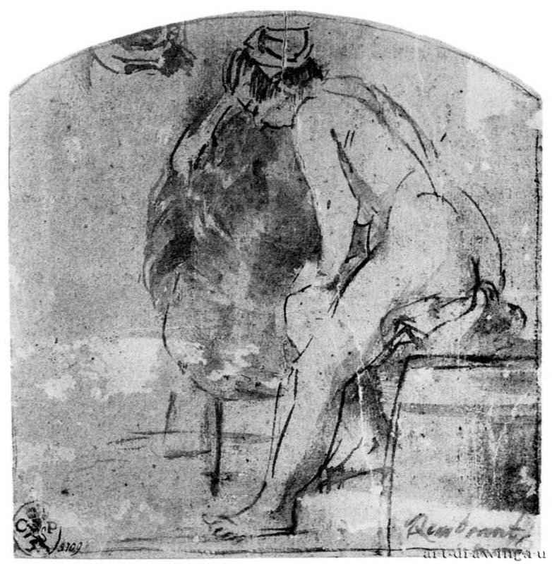 Обнаженная натурщица, в профиль. 1654-1656 - Перо бистром, отмывка, на коричневатой бумаге 163 x 158 мм Государственное Собрание графики Мюнхен
