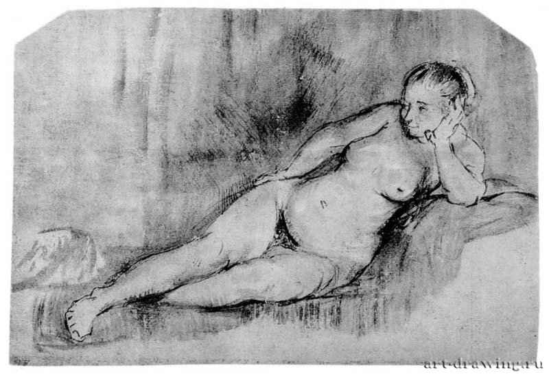 Лежащая обнаженная натурщица. 1654-1656 - Перо бистром, кисть, на коричневатой бумаге бумаге, переработан чужой рукой 167 x 246 мм Государственное Собрание графики Мюнхен