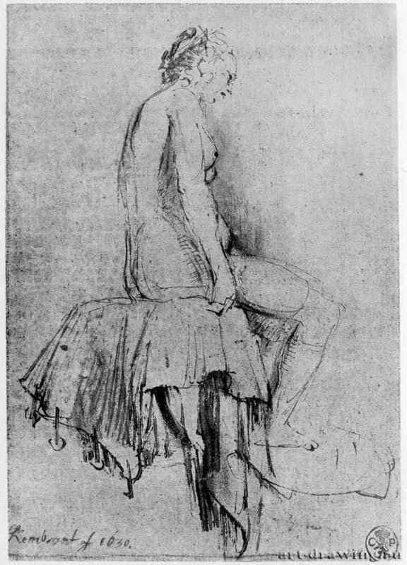 Сидящая обнаженная натурщица, в профиль. 1654-1656 - Перо бистром, отмывка, на коричневатой бумаге 255 x 183 мм Государственное Собрание графики Мюнхен