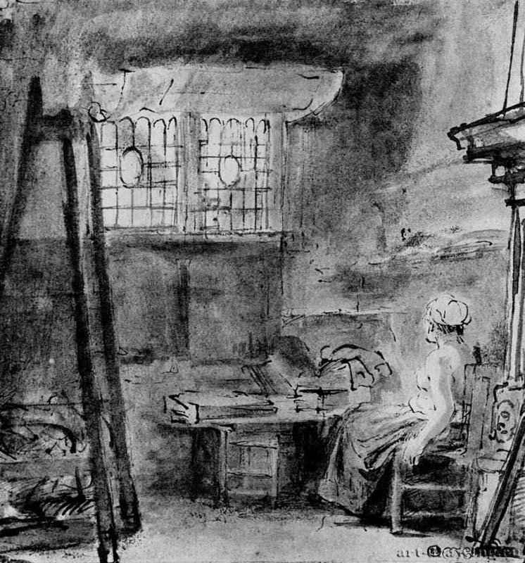 Мастерская Рембрандта. 1655-1656 - Перо тушью, отмывка, подсветка белым, на бумаге 205 x 190 мм Музей Ашмолеан Оксфорд