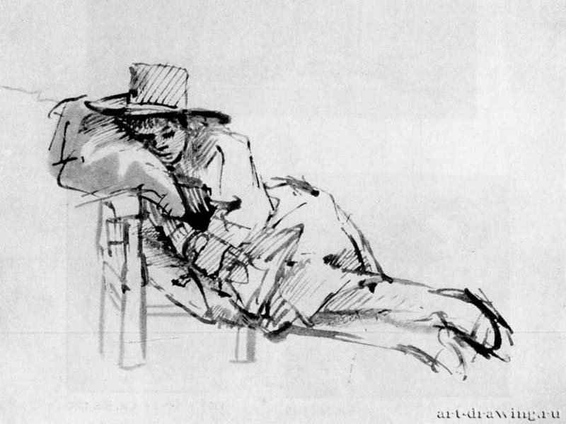 Спящий юноша. 1655-1656 - Перо бистром, отмывка, на бумаге 161 x 178 мм Британский музей Лондон