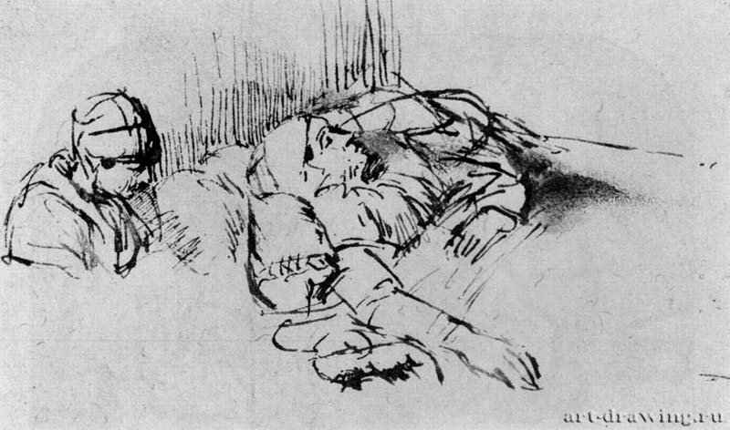 Больная женщина в постели и служанка. 1656 - Кисть тушью, на бумаге 101 x 169 мм Собрание Гутекунст Лондон