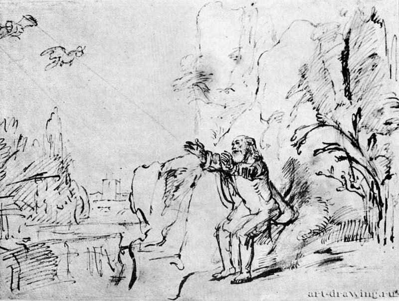 Ворон кормит Илию. 1660 - Перо на бумаге 208 x 281 мм Музей Гронинген