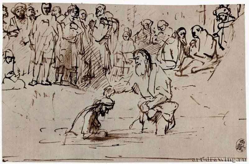 Крещение Христа. 1660 - Тростниковое перо коричневой тушью, отмывка, на бумаге 165 x 252 мм Гравюрный кабинет Государственных художественных собраний Дрезден