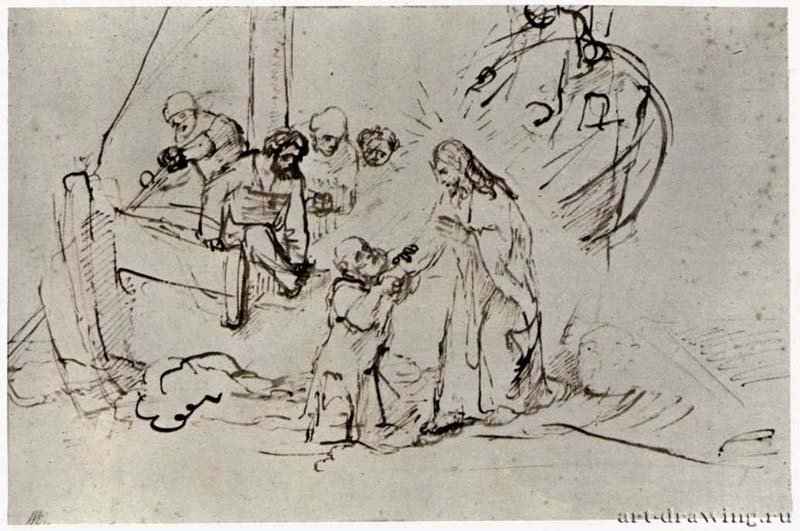 Хождение Христа по водам.  1660 - Перо коричневой тушью, на бумаге 190 x 290 мм Британский музей Лондон