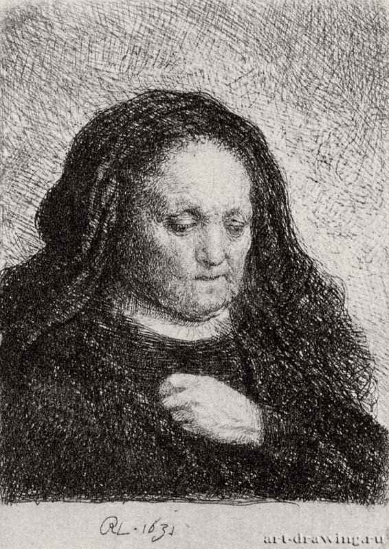 Портрет матери с рукой, прижатой к груди. 1631 - Офорт 95 x 65 мм Собрание Я. де Брёйна