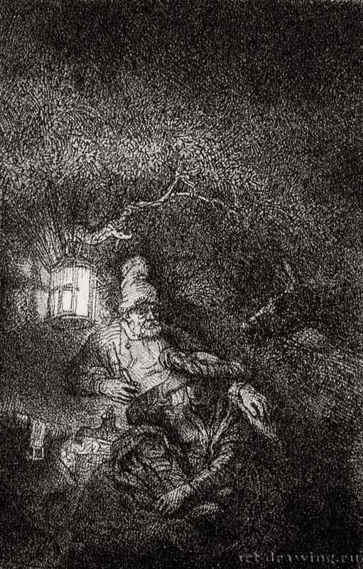 Отдых на пути в Египет, ночная сцена. 1644 - Офорт 92 x 61 мм Собрание Я. де Брёйна